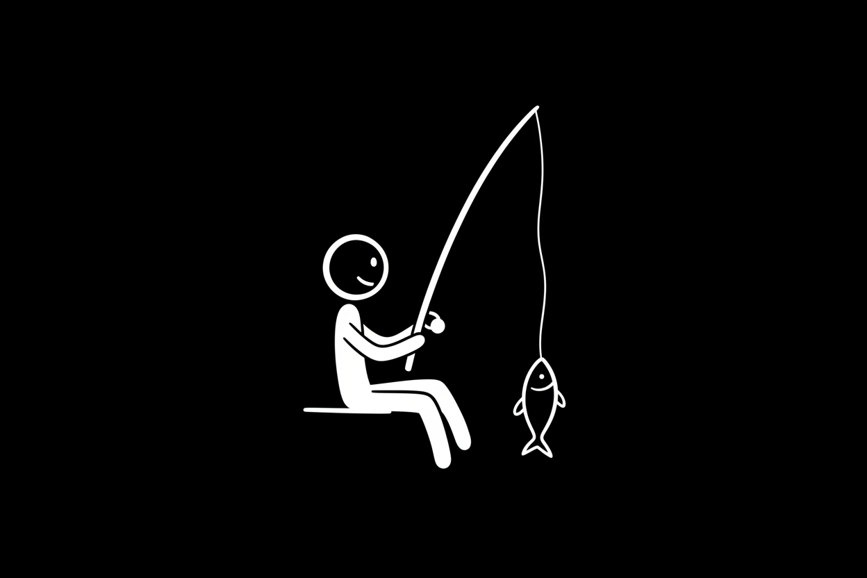 A stickman catching a fish with black background 